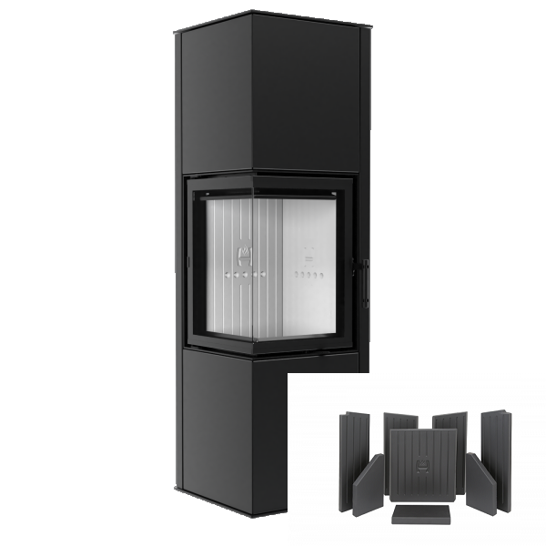 Zestaw kominek powietrzny stalowy KRATKI LUCY Prawy BLACK 14 kW Ø 200 z akcesoriami czarne wylozenie siga - Zestaw kominek powietrzny stalowy KRATKI LUCY Prawy BLACK 14 kW Ø 200 z akcesoriami